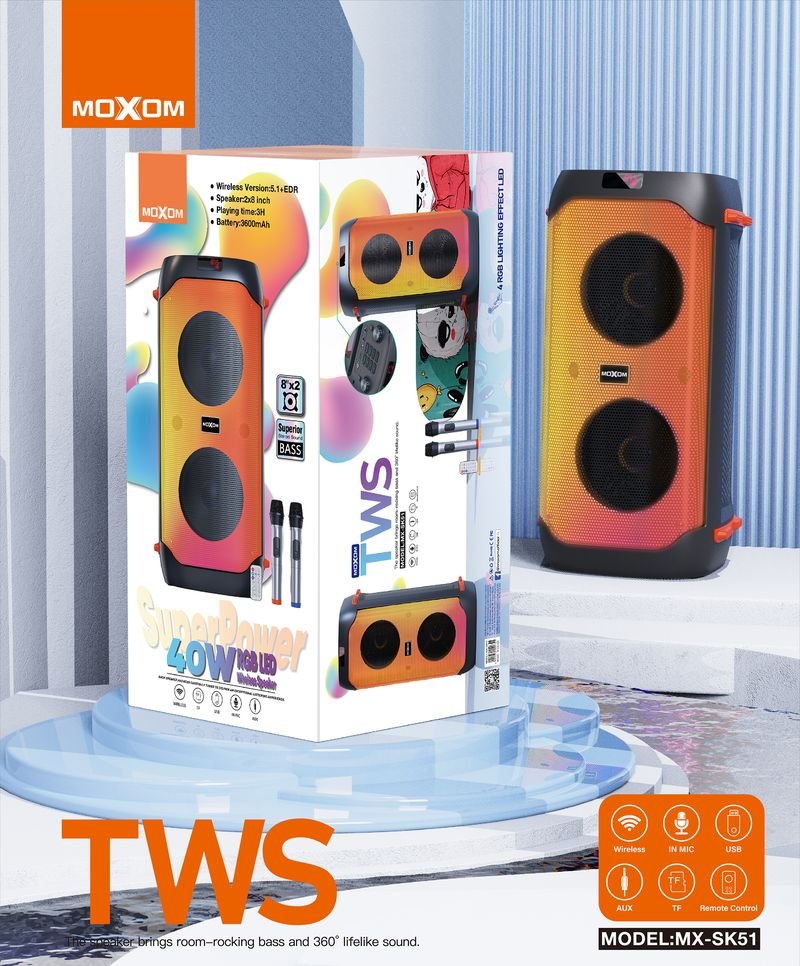 Enceinte de fête portable 40W avec système Karaoké MOXOM MX-SK51